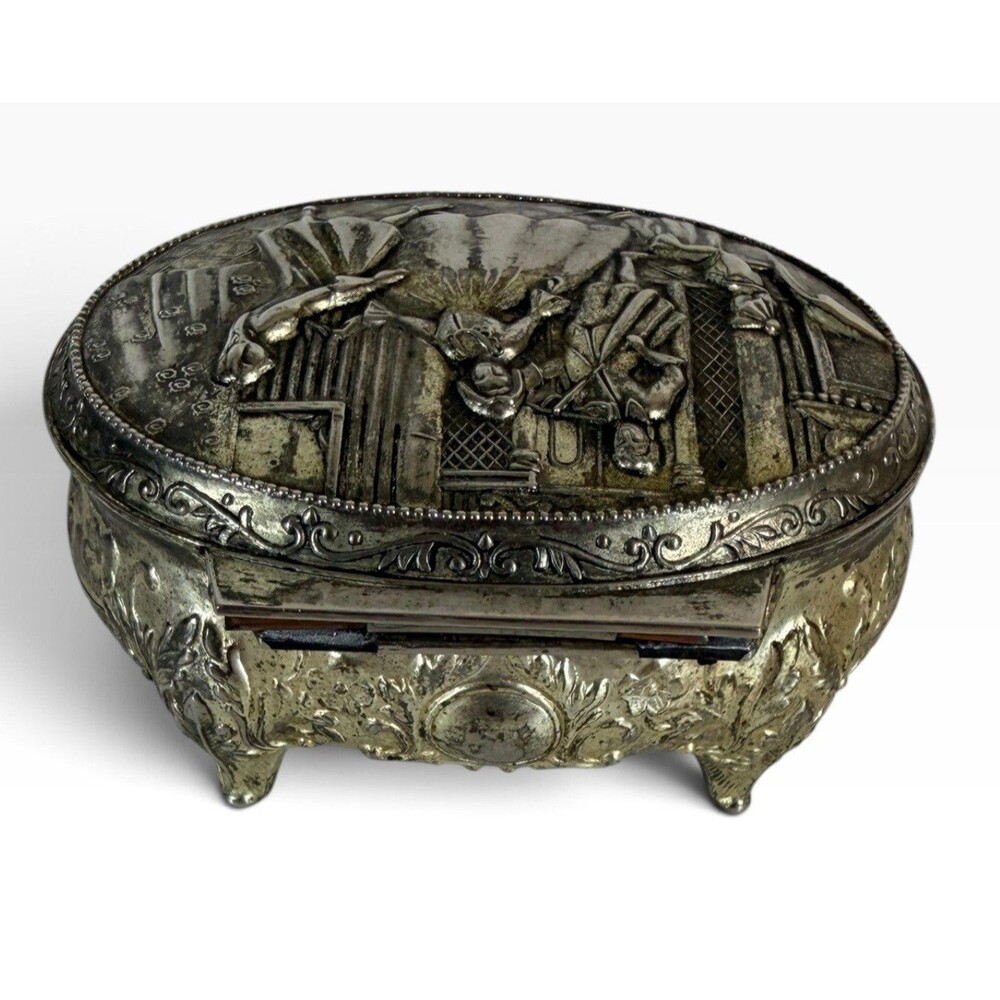 Vintage Made In Japan Embossed Metal Art Trinket Box Dancing Colonial Couple